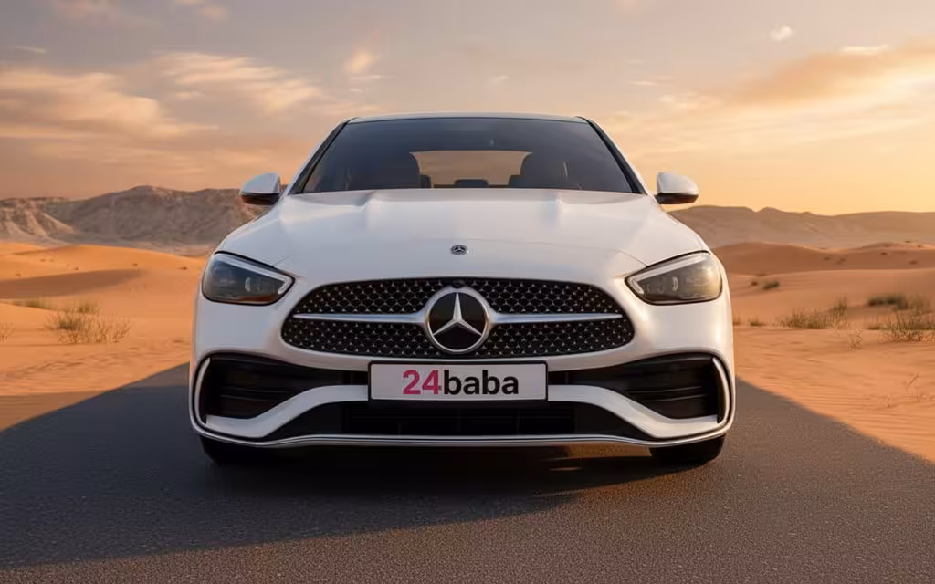 Mercedes C200 2023 White front view with headlights – rental in Dubai