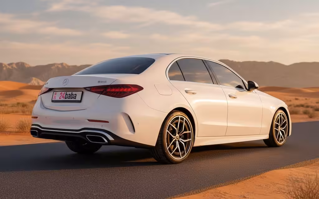 Mercedes C200 2023 White rear view showing taillights – rental in Dubai