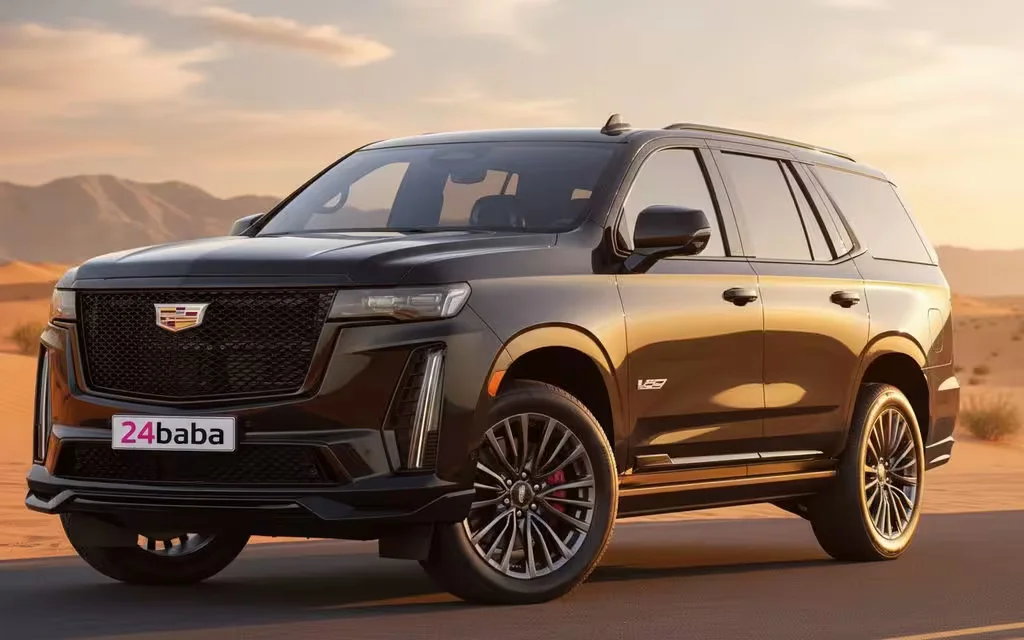Cadillac Escalade 2024 Black front view with headlights – rental in Dubai
