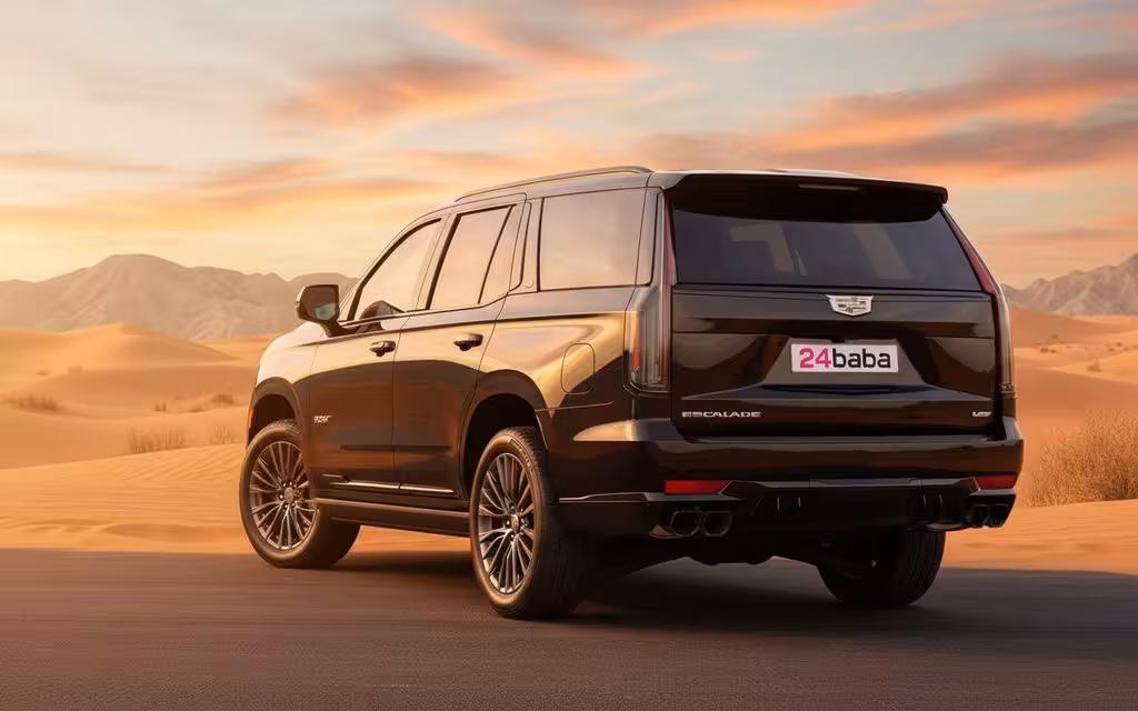 Cadillac Escalade 2024 Black rear view showing taillights – rental in Dubai