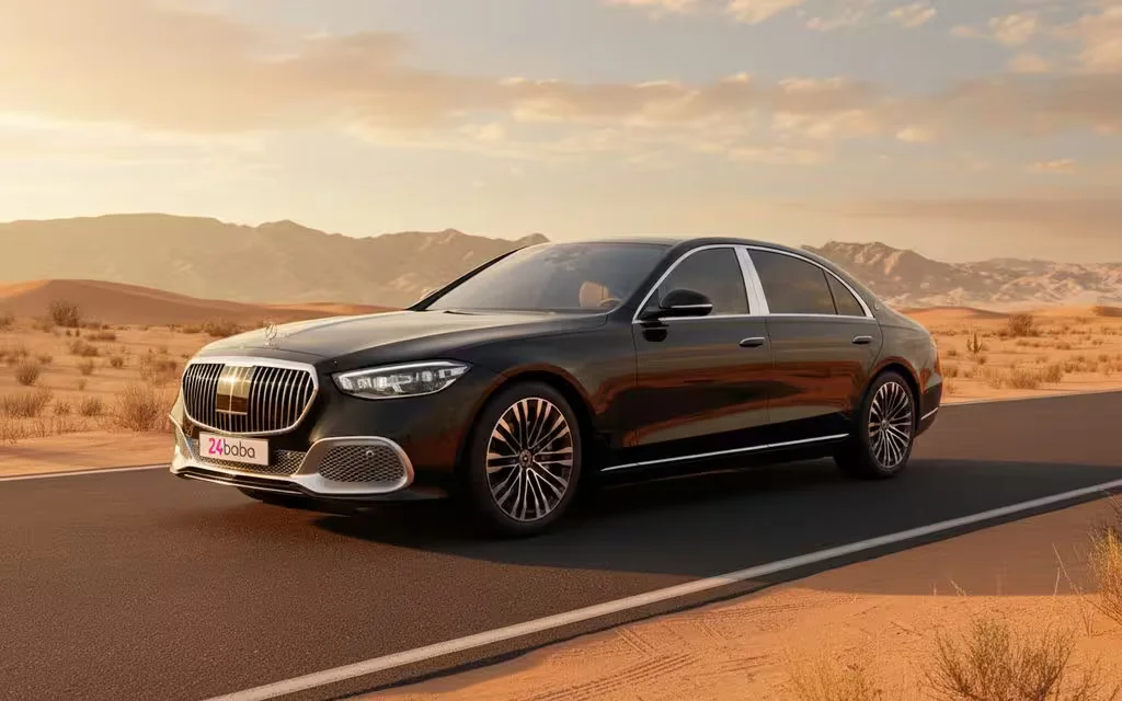 Mercedes S580 2021 Black front view with headlights – rental in Dubai