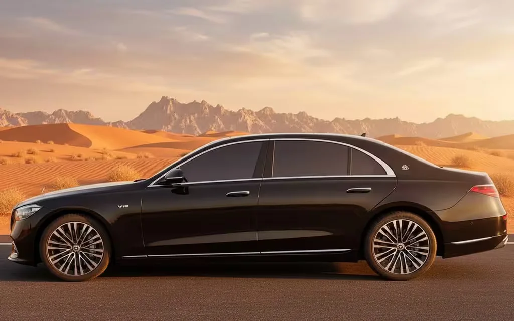 Mercedes S580 2021 Black side profile – rental in Dubai
