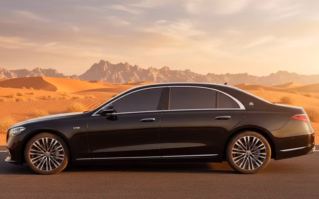 Mercedes S580 2021 Black side profile – rental in Dubai