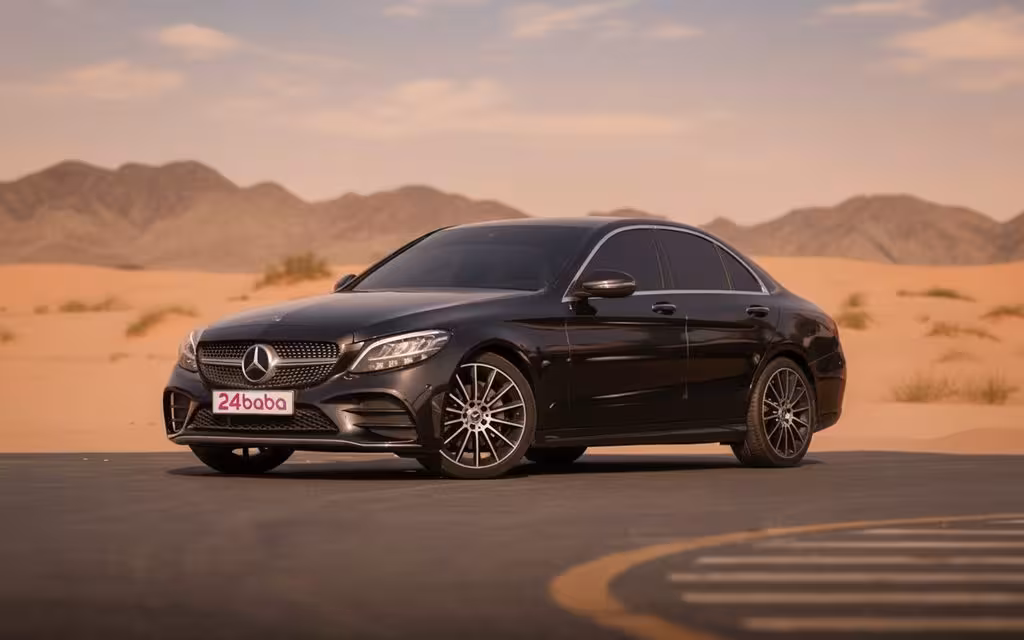 Mercedes C200 2020 Black front view with headlights