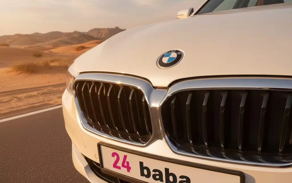 Bmw 520 2021 model badge close up – rental in Dubai