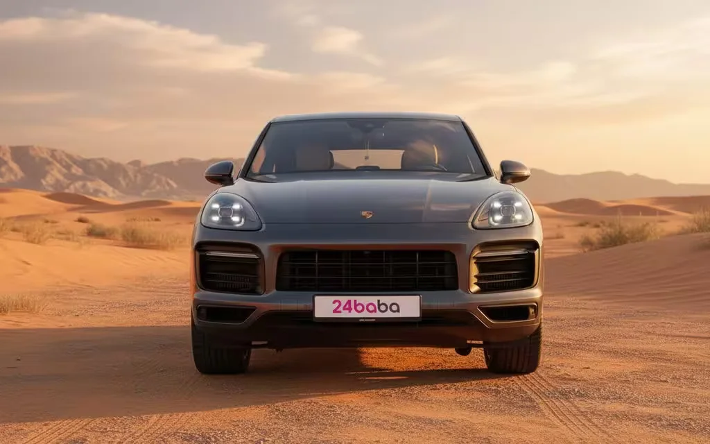 Porsche Cayenne 2024 Grey front view with headlights – rental in Dubai