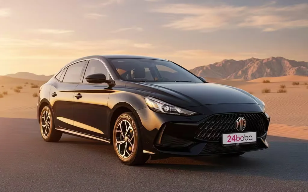 Mg Gt 2024 Black front view with headlights – rental in Dubai