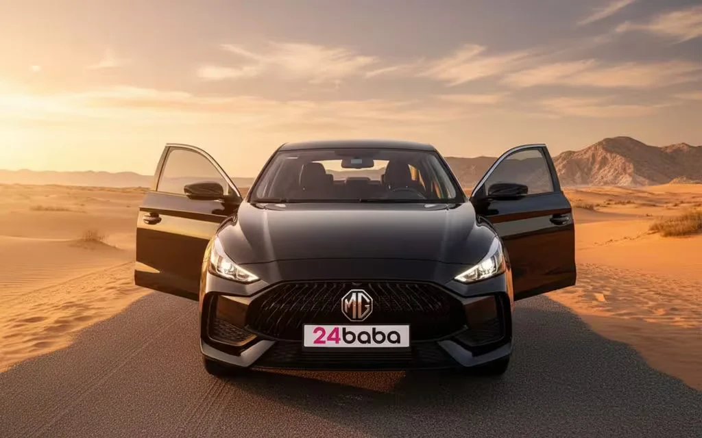 Mg Gt 2024 Black front view with headlights – rental in Dubai