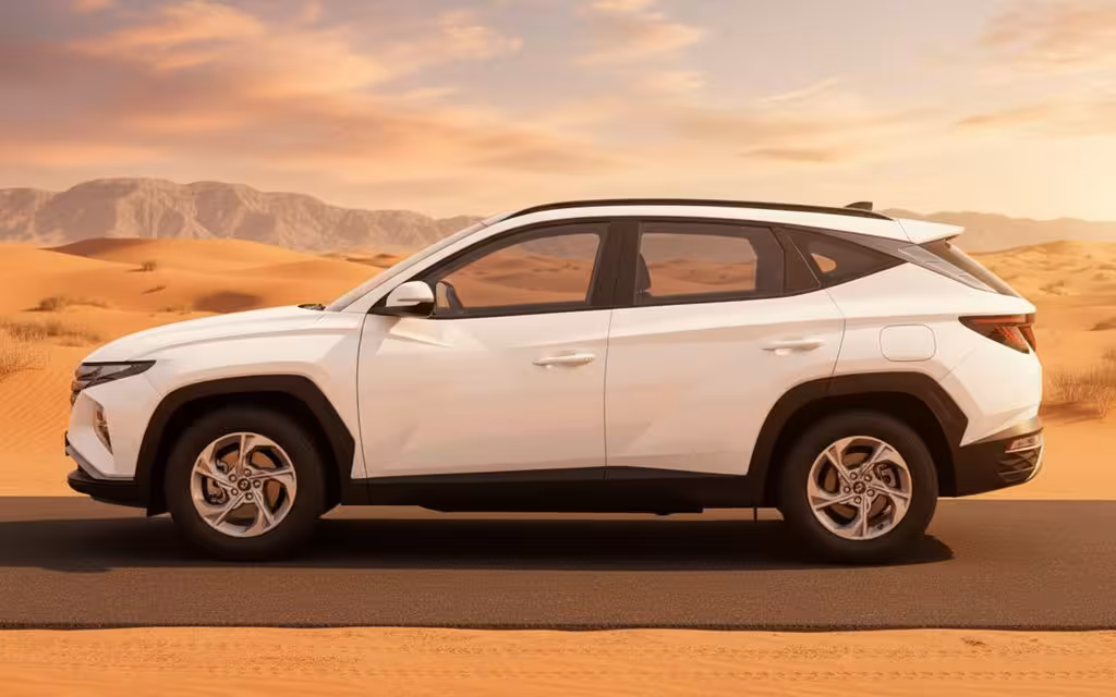 Hyundai Tucson 2023 White side profile – rental in Dubai