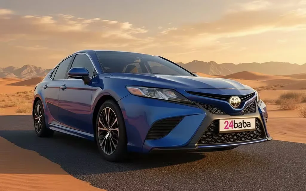 Toyota Camry 2025 Blue front view with headlights – rental in Dubai