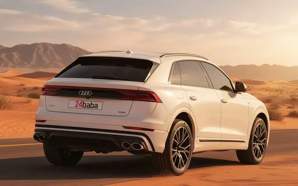 Audi Q8 2021 White rear view showing taillights – rental in Dubai