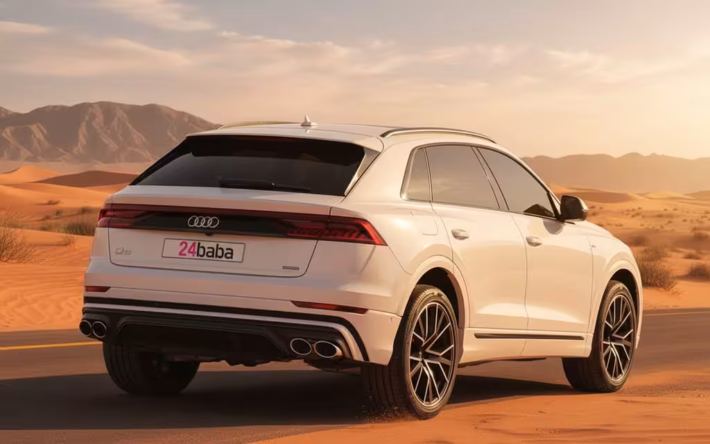 Audi Q8 2021 White rear view showing taillights – rental in Dubai