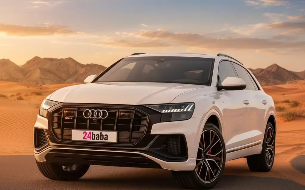 Audi Q8 2021 White front view with headlights – rental in Dubai