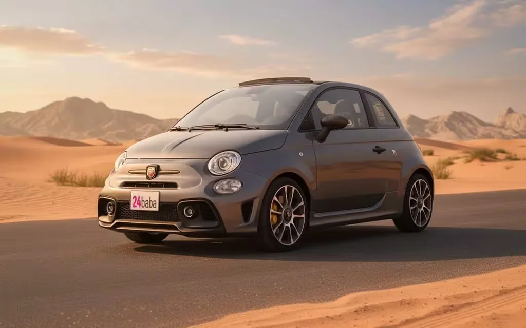 Fiat 500 2023 Grey front view with headlights – rental in Dubai