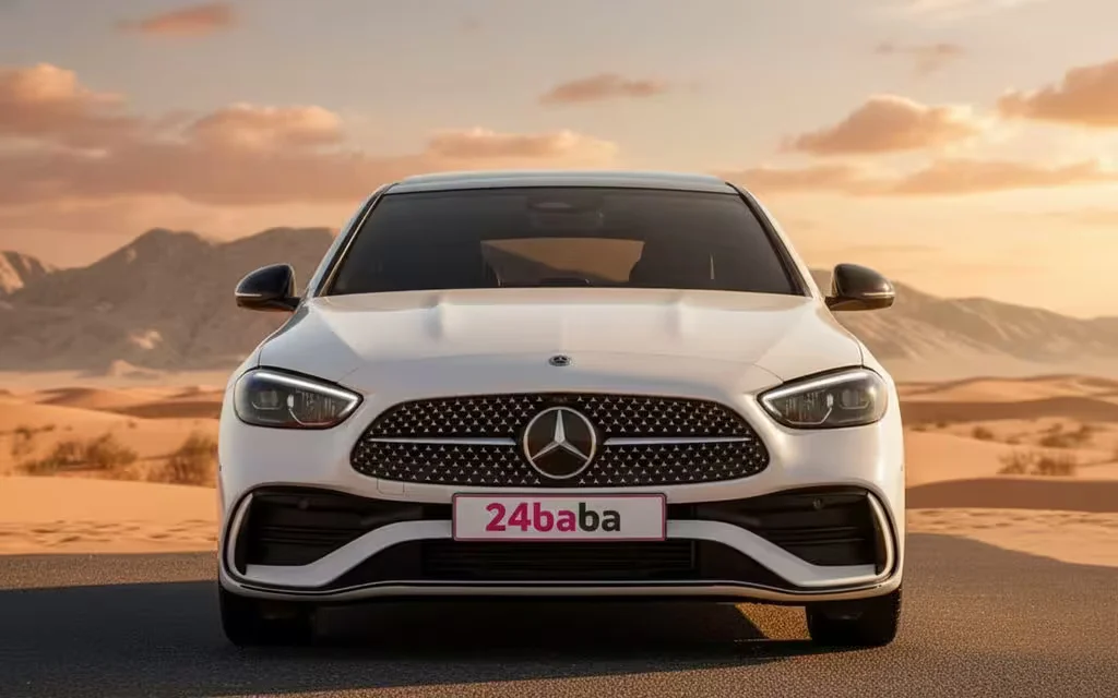 Mercedes C300 2023 White front view with headlights