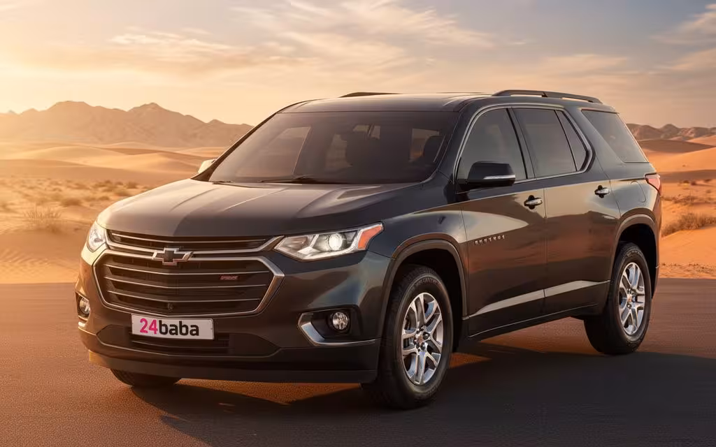 Chevrolet Traverse 2021 Grey parked outdoor scene – rental in Dubai