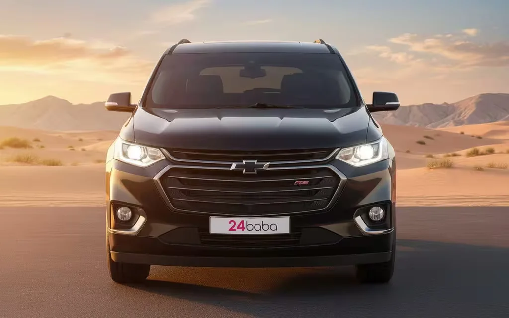 Chevrolet Traverse 2021 Grey front view with headlights – rental in Dubai