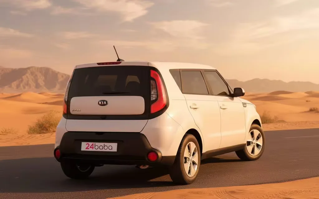 Kia Soul 2025 White rear view showing taillights – rental in Dubai