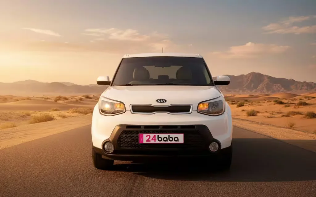 Kia Soul 2025 White front view with headlights – rental in Dubai
