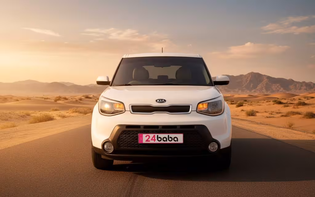 Kia Soul 2025 White front view with headlights – rental in Dubai