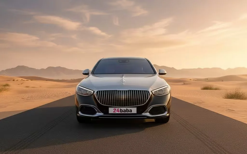 Mercedes S580 2022 Black front view with headlights – rental in Dubai