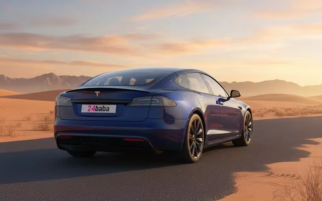 Tesla ModelS 2023 Blue rear view showing taillights – rental in Dubai