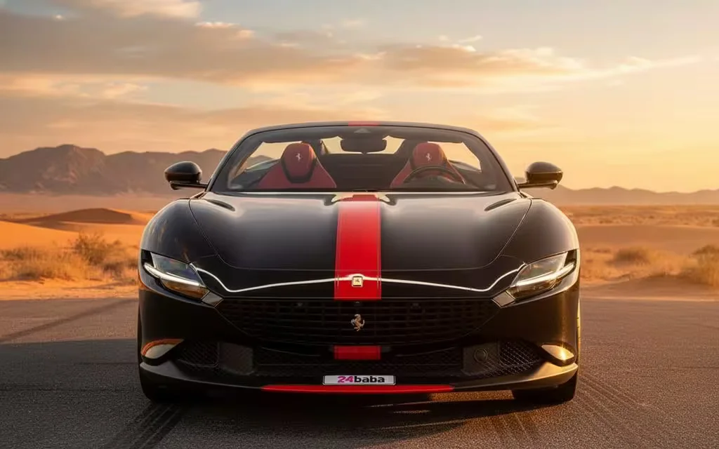 Ferrari Roma 2025 Black front view with headlights – rental in Dubai