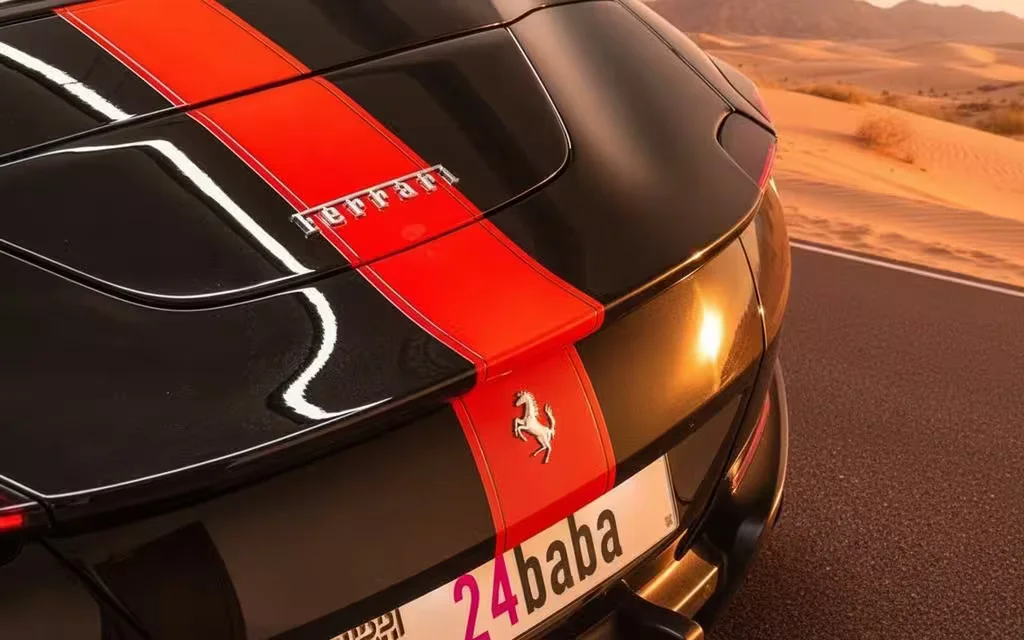 Ferrari Roma 2025 model badge close up – rental in Dubai