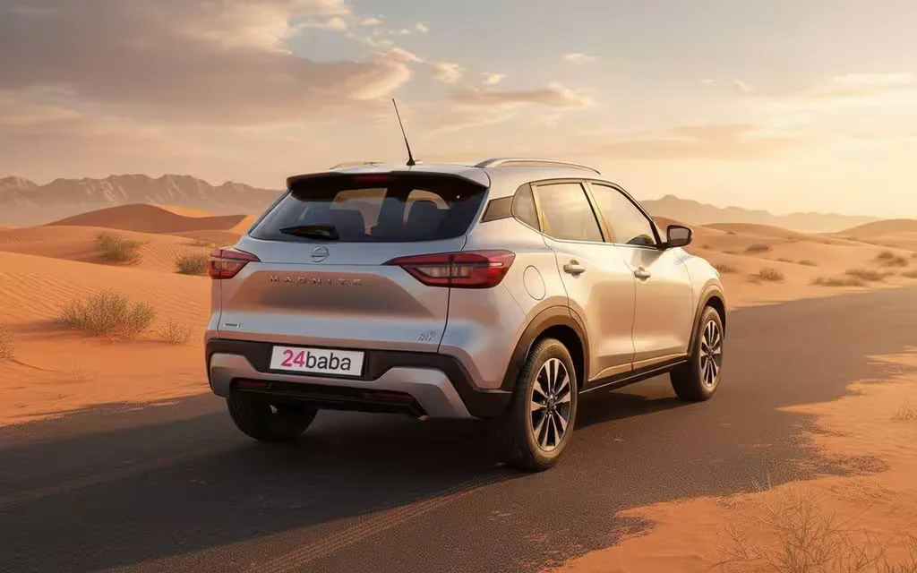 Nissan Magnite 2025 within rear view showing taillights – rental in Dubai