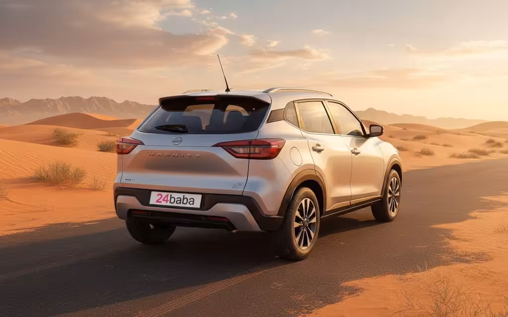 Nissan Magnite 2025 within rear view showing taillights – rental in Dubai