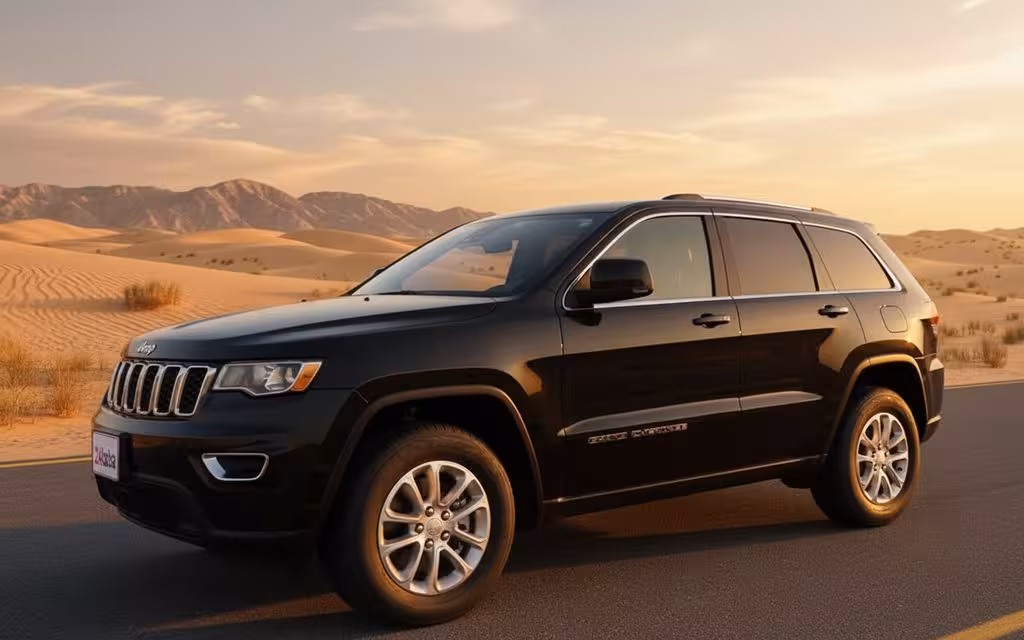 Jeep GrandCherokee 2021 Black front view with headlights – rental in Dubai