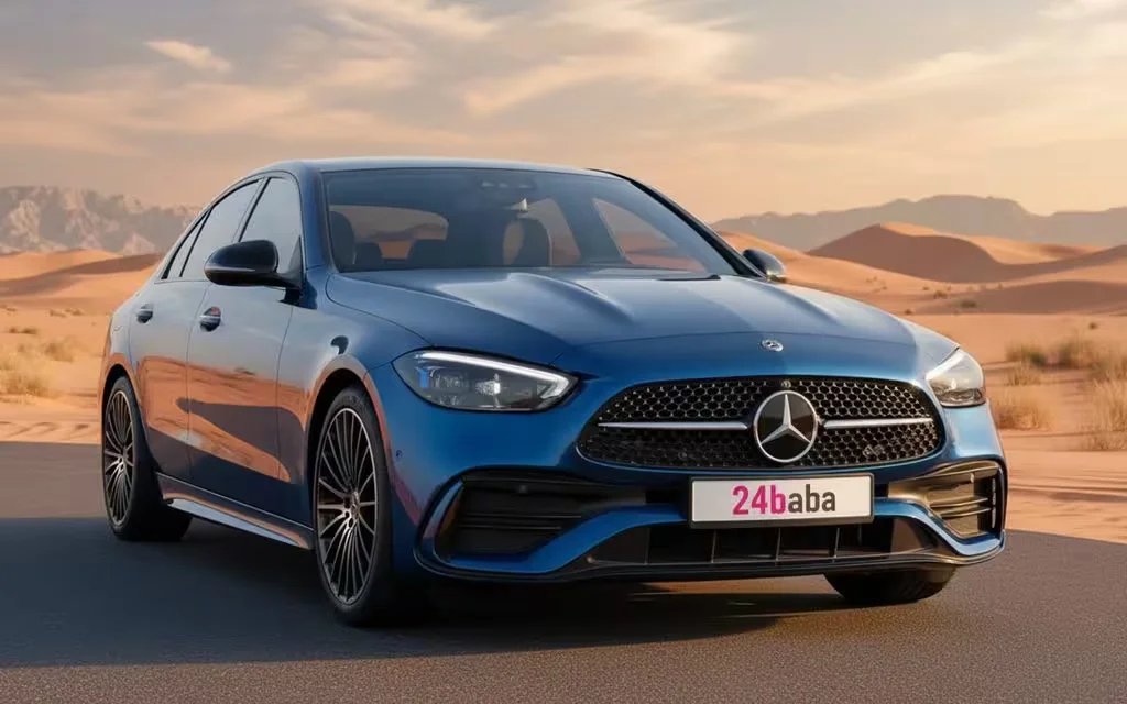 Mercedes C200 2024 Blue front view with headlights