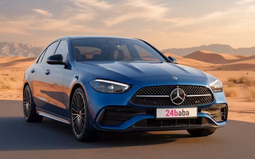 Mercedes C200 2024 Blue front view with headlights