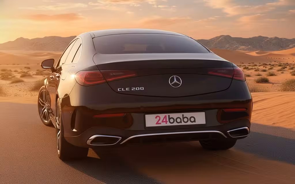 Mercedes Cle200 2024 within rear view showing taillights – rental in Dubai