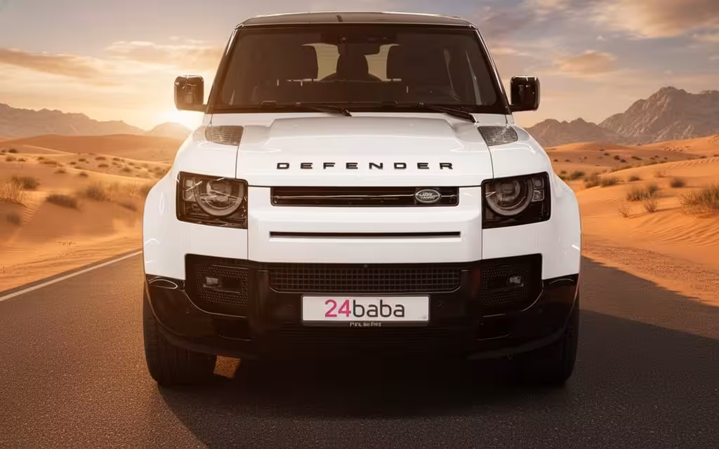 LandRover Defender 2023 White front view with headlights – rental in Dubai