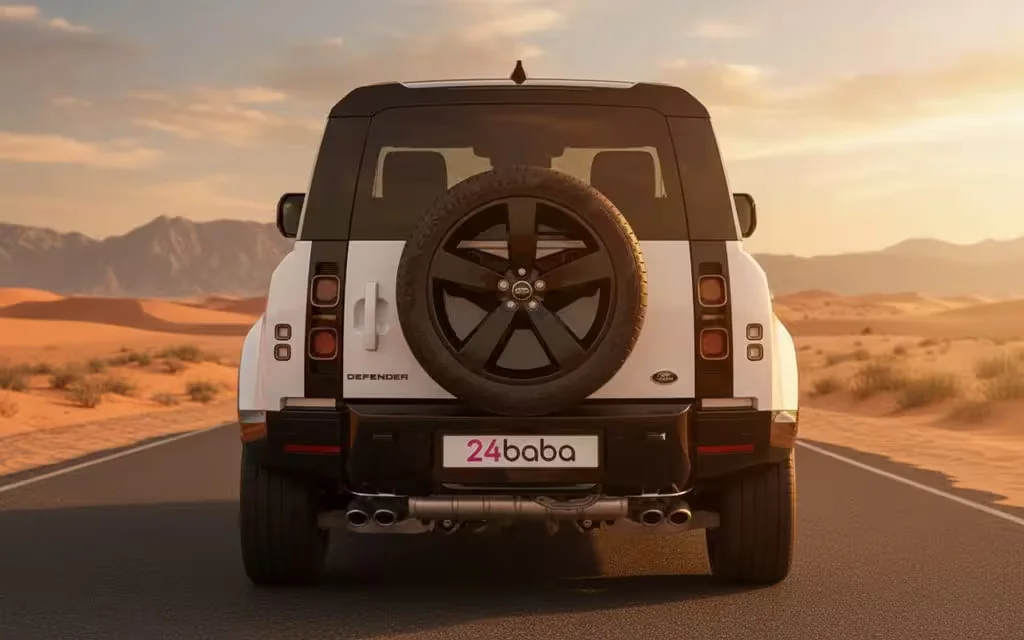 LandRover Defender 2023 White rear view showing taillights – rental in Dubai