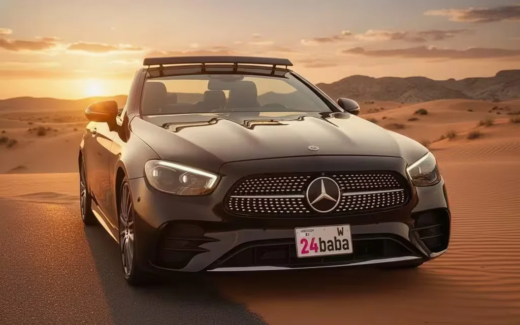 Mercedes E450 2022 Black front view with headlights – rental in Dubai