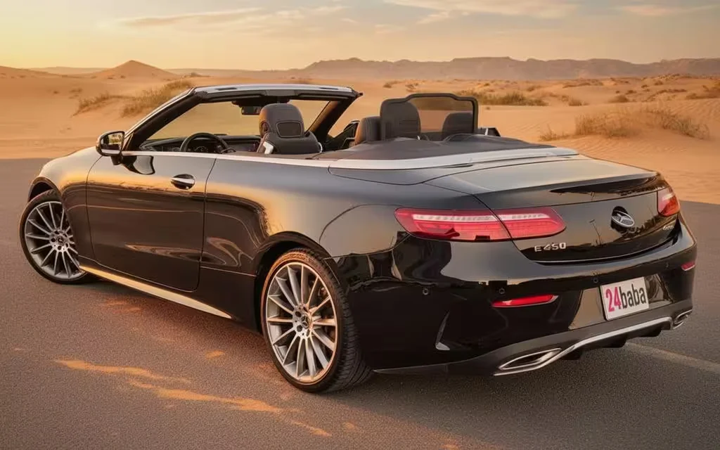 Mercedes E450 2022 Black rear view showing taillights – rental in Dubai