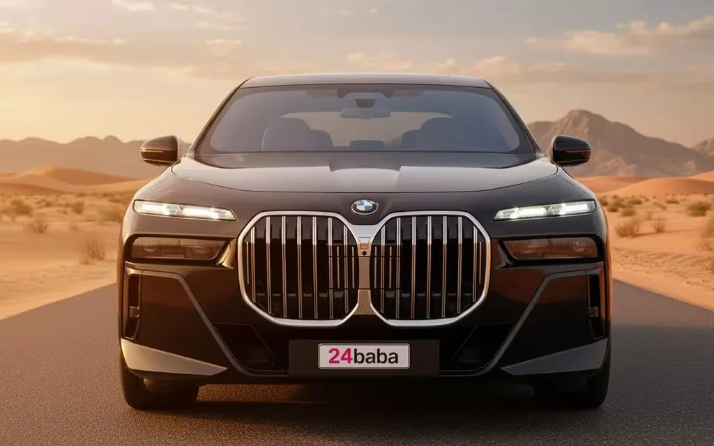 Bmw 735 2024 Black front view with headlights – rental in Dubai