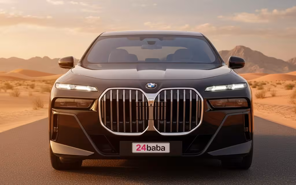 Bmw 735 2024 Black front view with headlights – rental in Dubai