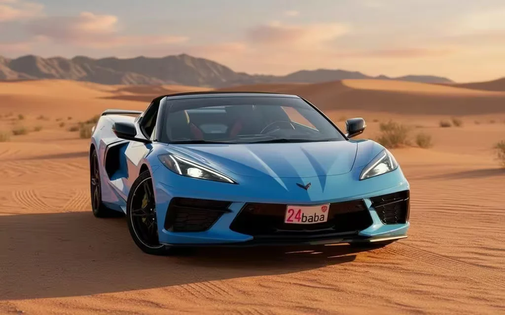 Chevrolet Corvette 2022 Blue front view with headlights – rental in Dubai