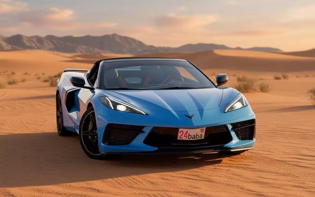 Chevrolet Corvette 2022 Blue front view with headlights – rental in Dubai