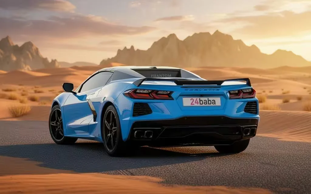 Chevrolet Corvette 2022 Blue rear view showing taillights – rental in Dubai
