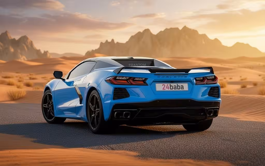 Chevrolet Corvette 2022 Blue rear view showing taillights – rental in Dubai