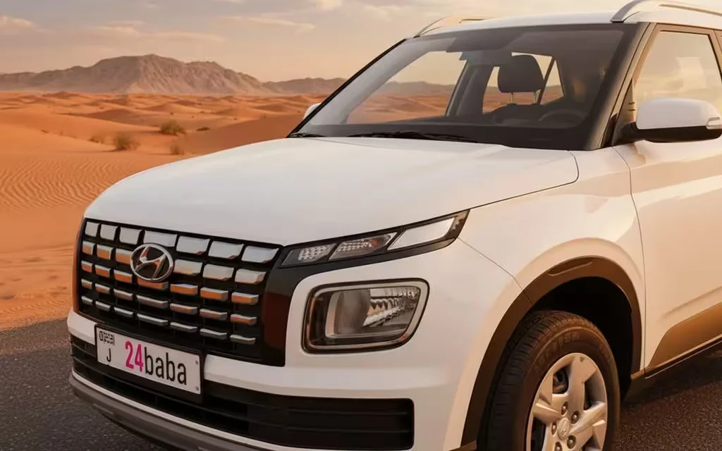 Hyundai Venue 2024 White front view with headlights – rental in Dubai