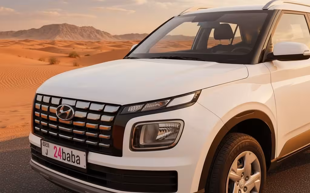 Hyundai Venue 2024 White front view with headlights – rental in Dubai