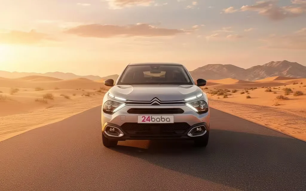 Citroen C4 2024 Silver front view with headlights – rental in Dubai