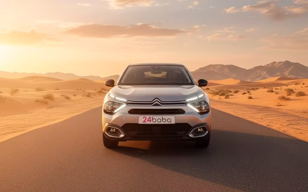 Citroen C4 2024 Silver front view with headlights – rental in Dubai