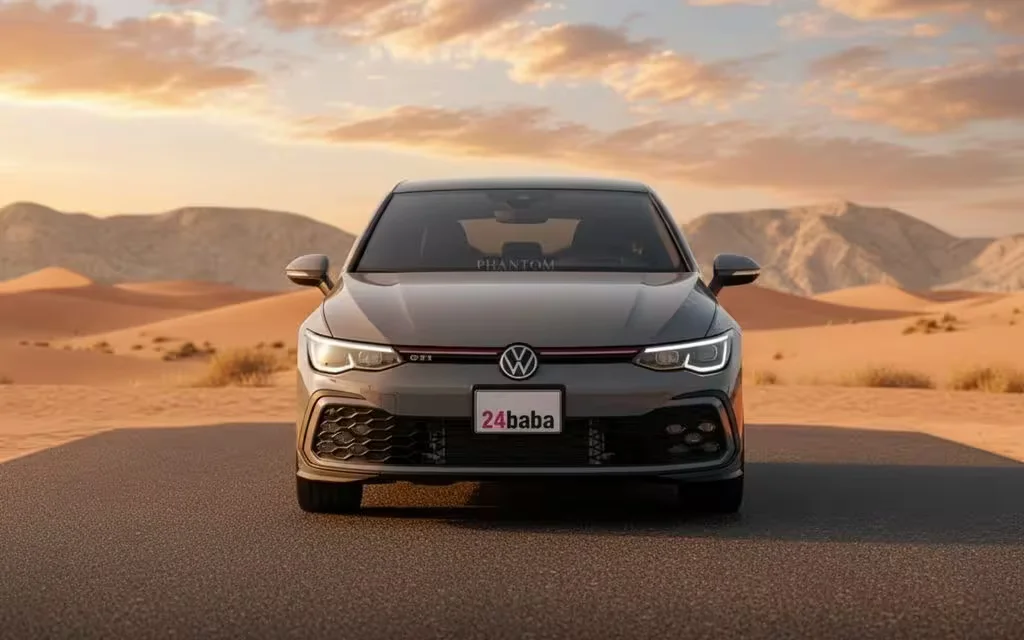Volkswagen Golf 2023 Grey front view with headlights – rental in Dubai