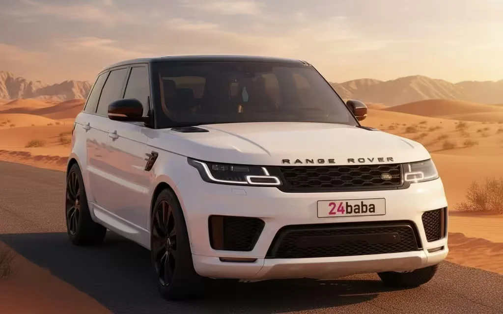 LandRover RangeRoverSport 2020 White front view with headlights – rental in Dubai